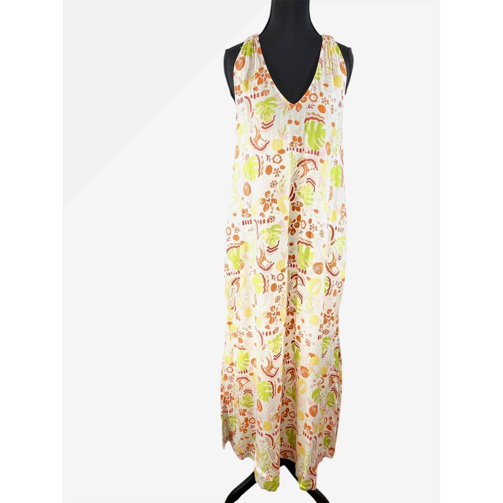 C&C California Women Small Linen Blend Tropical Fruit Leaf Print Maxi Dress Pock